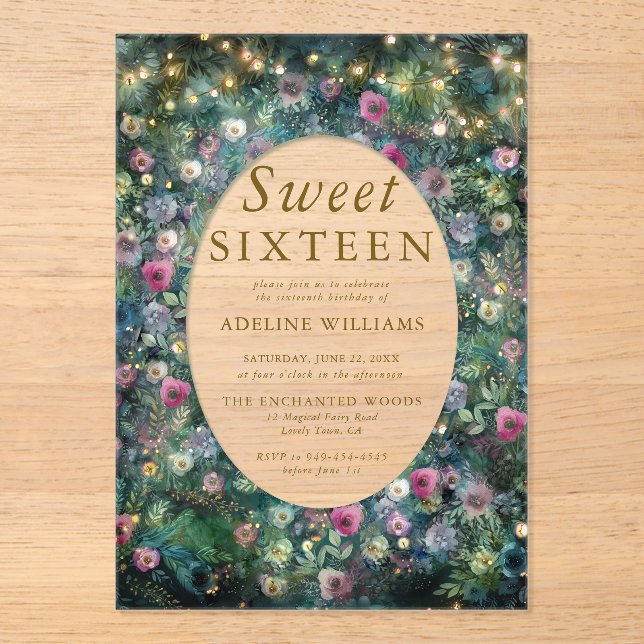Enchanted Forest Roses Wild Woodland Sweet 16 Acrylic Invitations (Front)