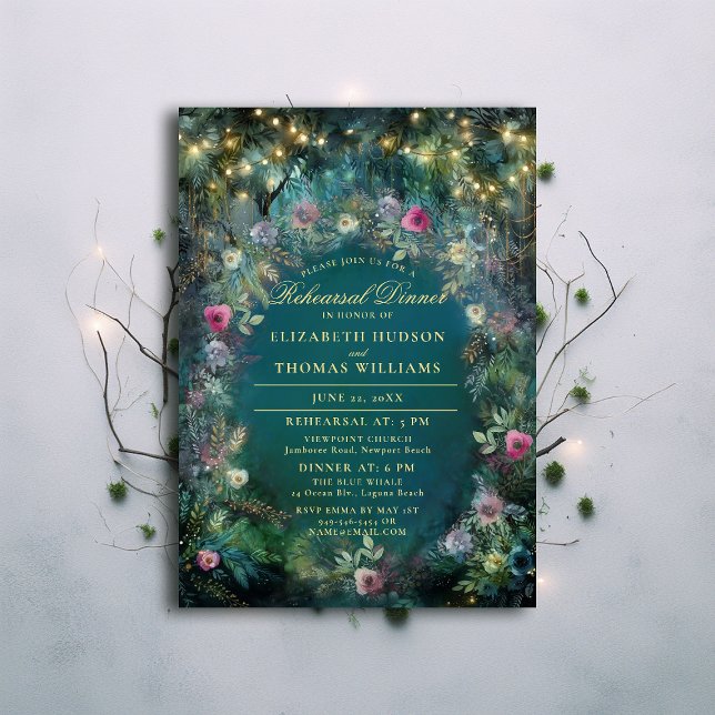 Enchanted Forest Roses Woodland Rehearsal Dinner Invitation (enchanted forest rehearsal dinner invite magic fairy tale woodland roses gold emerald green script)