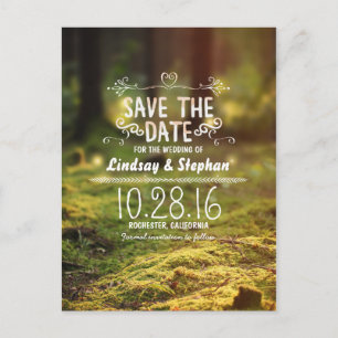 Enchanted forest rustic save the date postcards