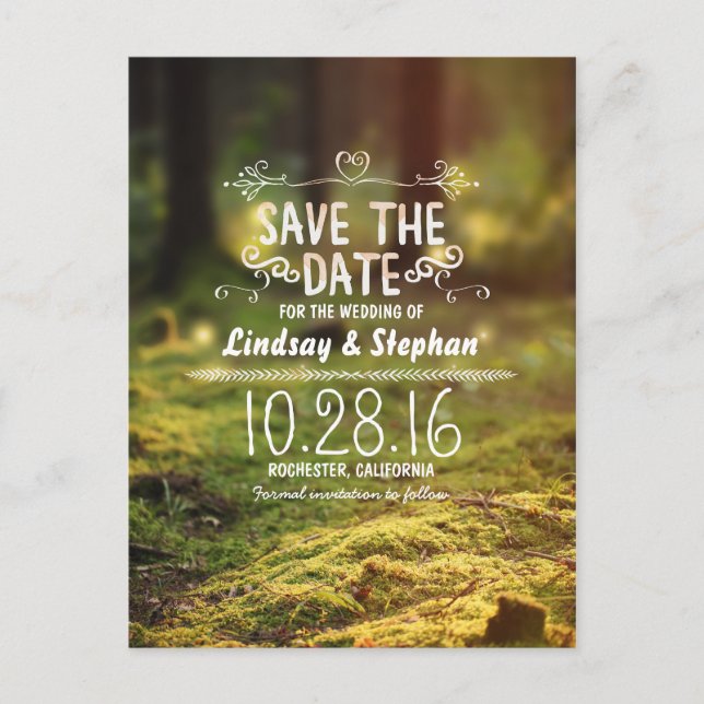 Enchanted forest rustic save the date postcards (Front)