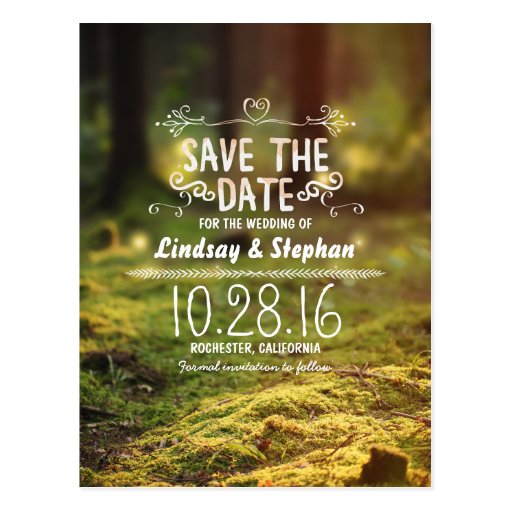 Enchanted forest rustic save the date postcards | Zazzle