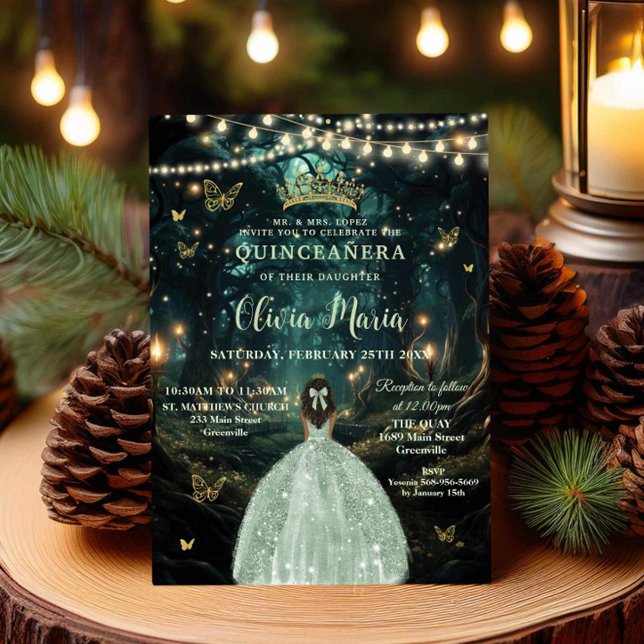 Enchanted Forest Sage Green Brown Girl Quinceañera Invitation (Creator Uploaded)