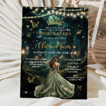 Enchanted Forest Sage Green Dress Quinceañera 16 Invitation<br><div class="desc">Personalize this enchanting Quinceañera / Sweet 16 birthday invitation easily and quickly. Simply click the Edit Using Design Tools button to further edit the text, change font styles and font colors. Featuring a girl dressed in a sage green dress and an enchanted forest background. The butterflies, quince girl and crown...</div>