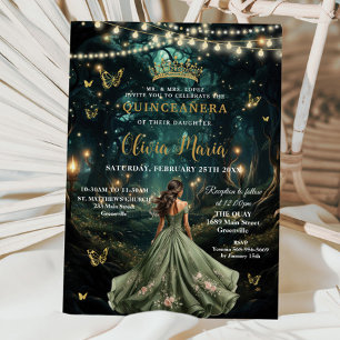Enchanted Forest Sage Green Dress Quinceañera 16 Invitation