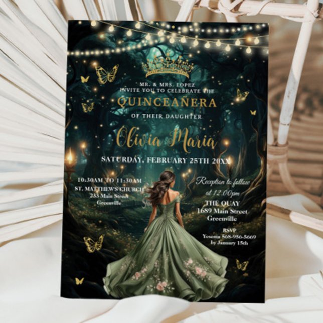 Enchanted Forest Sage Green Dress Quinceañera 16 Invitation (enchanted forest starry night sage green dress brunette girl quinceanera invitation cards download)
