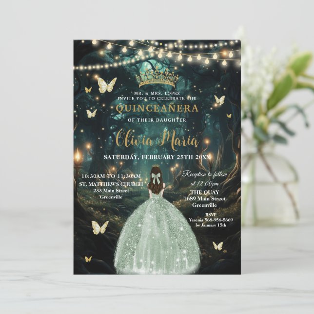 Enchanted Forest Sage Green Dress Quinceaera 16 Invitation | Zazzle