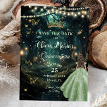 Enchanted Forest Sage Green Dress Quinceañera 16 Save The Date<br><div class="desc">Personalize this enchanting enchanted forest / starry night Quinceañera / Sweet 16 birthday save the date easily and quickly. Simply click the Edit Using Design Tools button to further edit the text, change font styles and font colors. Featuring a girl dressed in a sage green dress and an enchanted forest...</div>