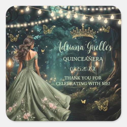 Enchanted Forest Sage Green Dress Quinceaera 16th Square Sticker