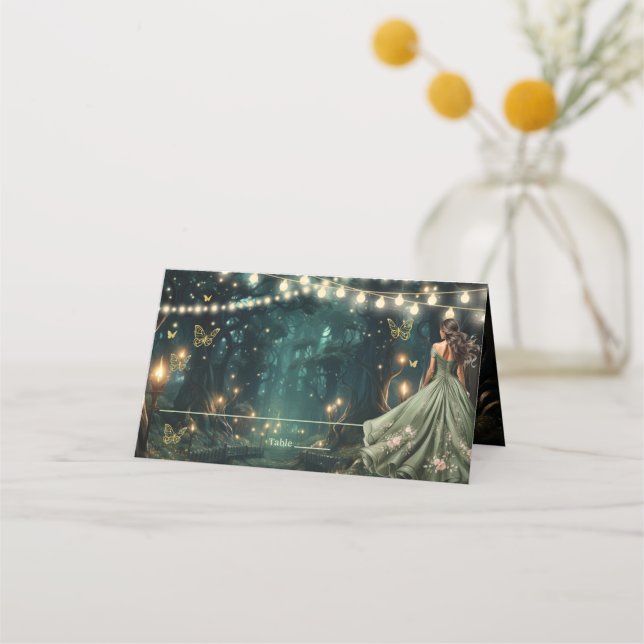 Enchanted Forest Sage Green Dress Quinceañera  Place Card (Front)