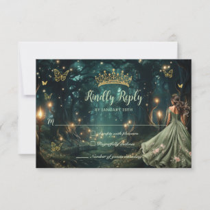Enchanted Forest Sage Green Dress Quinceañera  RSVP Card