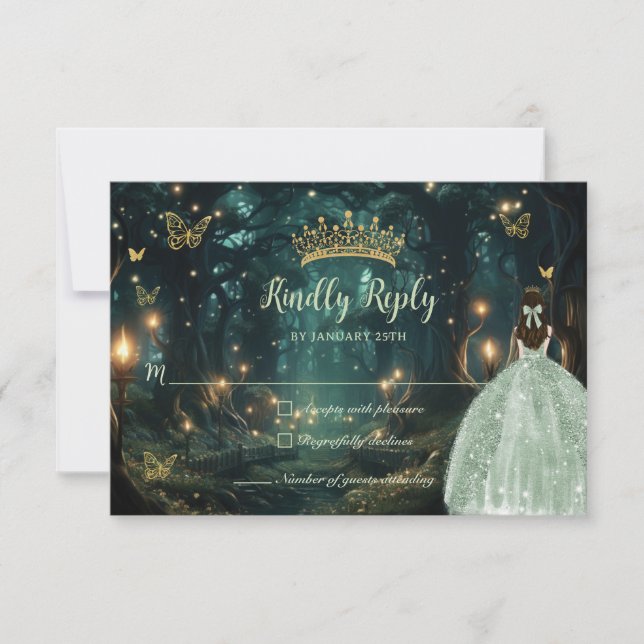 Enchanted Forest Sage Green Dress Quinceañera  RSVP Card (Front)