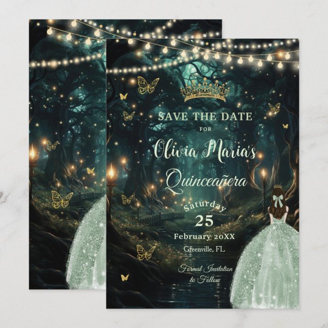 Enchanted Forest Sage Green Dress Quinceañera Save The Date (Front/Back)