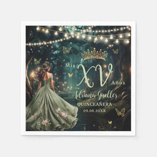 Enchanted Forest Sage Green Dress Quinceañera XV  Napkins (Front)