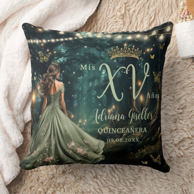 Enchanted Forest Sage Green Quinceañera Photograph Throw Pillow (Blanket)