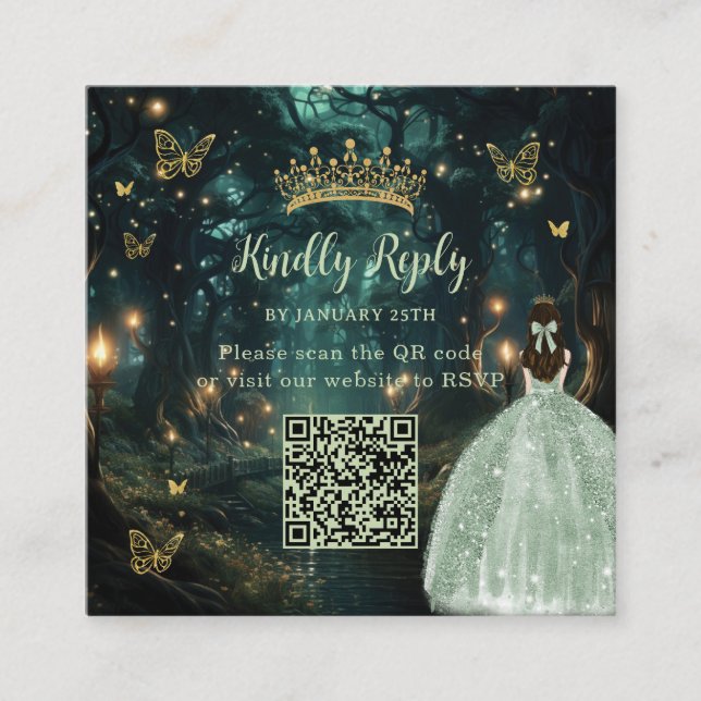 Enchanted Forest Sage Green Quinceañera QR RSVP Enclosure Card (Front)