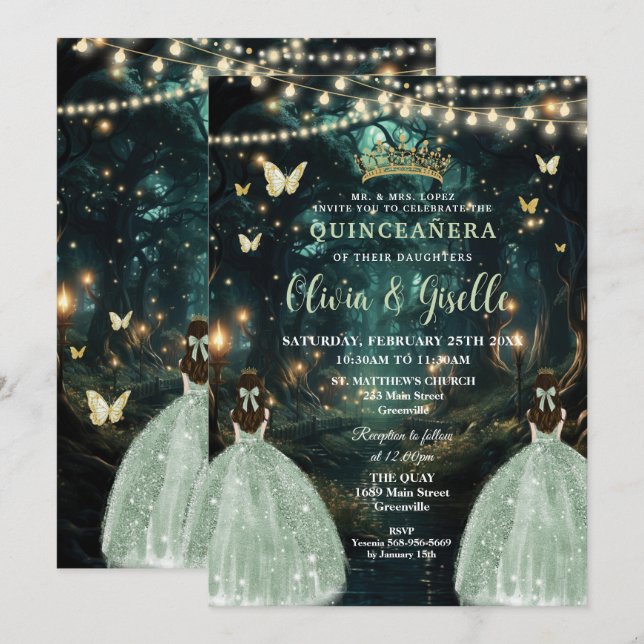 Enchanted Forest Sage Green Twins Quinceañera  Invitation (Front/Back)
