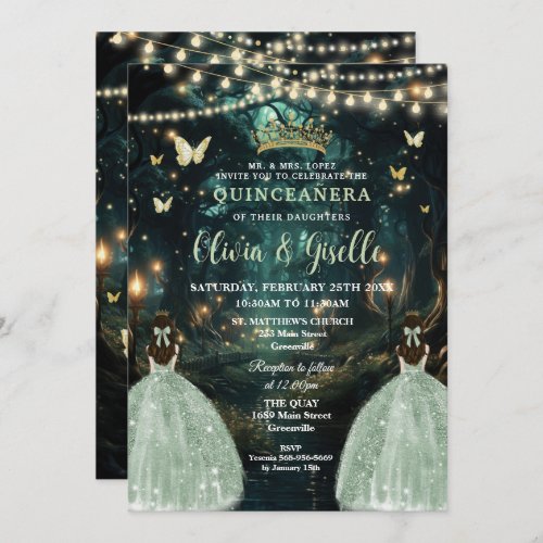 Enchanted Forest Sage Green Twins Quinceaera  Invitation