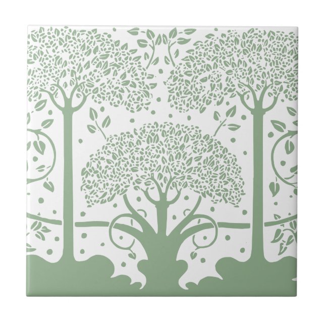 Enchanted Forest Sage Green & White Tree Ceramic Tile (Front)