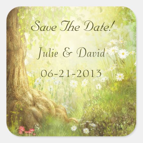 Enchanted Forest Scene Save The Date Square Sticker