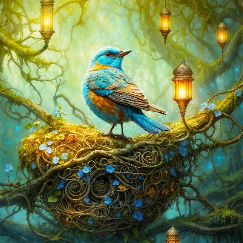 Enchanted forest scene with bird and lanterns jigsaw puzzle