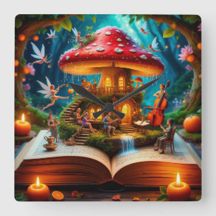 Enchanted Forest Setting With Fairies Square Wall Clock
