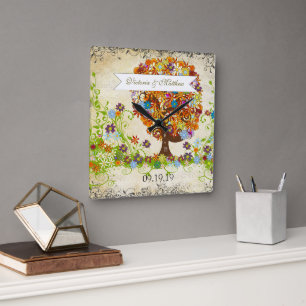 Enchanted Forest Side Branch Wedding Square Wall Clock