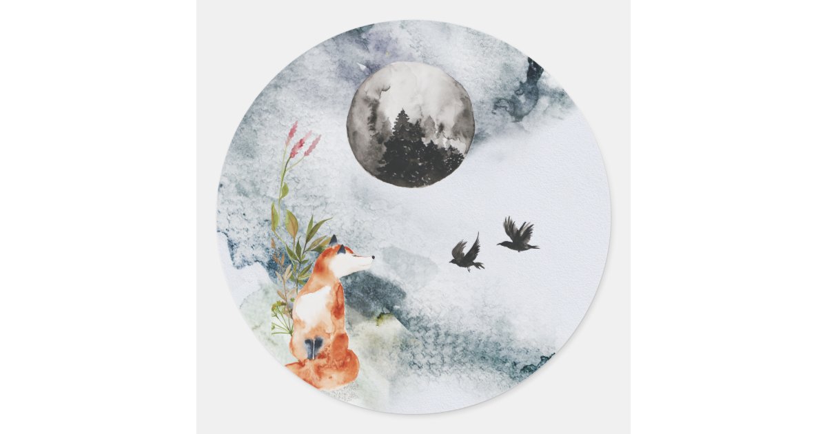 Enchanted Forest Stickers Fox Moon Raven | Zazzle.com