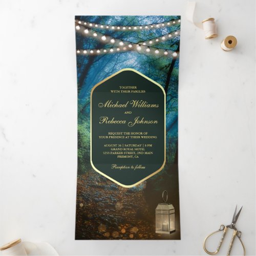 Enchanted Forest String Lights Lantern Wedding Tri_Fold Invitation