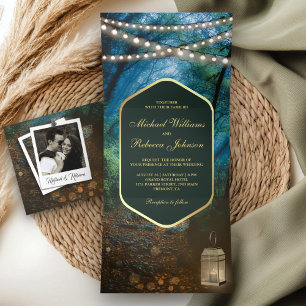 Enchanted Forest String Lights Lantern Wedding Tri-Fold Invitation