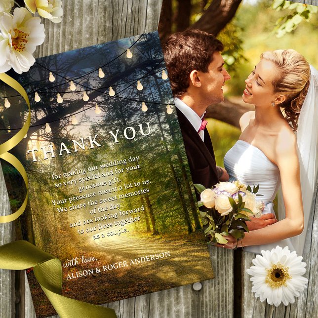 Enchanted Forest String Lights Wedding Photo Thank You Card (Creator Uploaded)