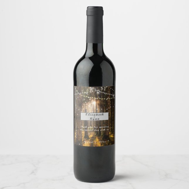 Enchanted Forest, Sunset Wedding, String Lights Wine Label (Front)