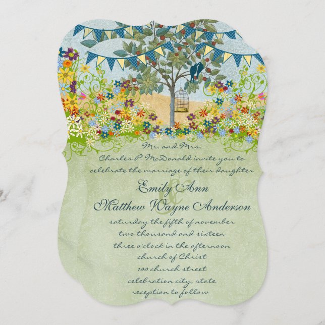 Enchanted Forest Teal Love Bird Wedding Invitation (Front/Back)