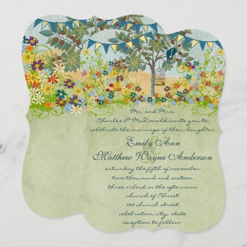 Die Cut Teal Bunting Love Bird &amp; Bird Cage Wedding Announcements