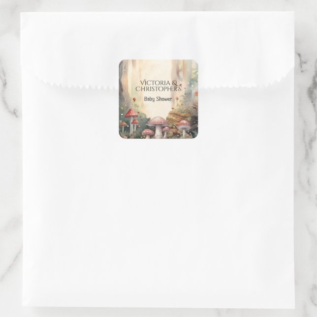 Enchanted Forest Toadstool Mushroom Baby Shower Square Sticker (Bag)