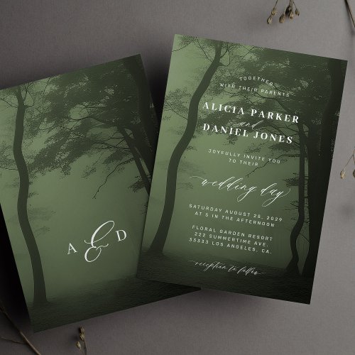Enchanted forest tree dark green wedding invitation