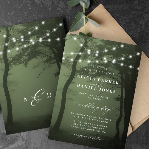 Enchanted forest tree lights dark green wedding invitation