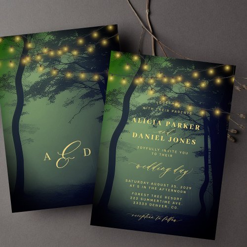 Enchanted forest tree lights gold green wedding invitation