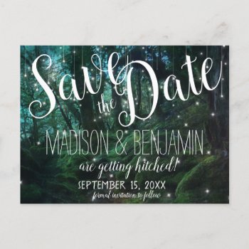 Enchanted Forest Trees Fairy Lights Save The Date Postcard by RusticCountryWedding at Zazzle