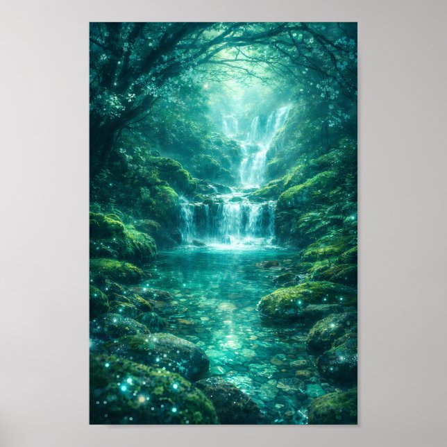 Enchanted Forest Waterfall Emerald Green Nature Poster (Front)