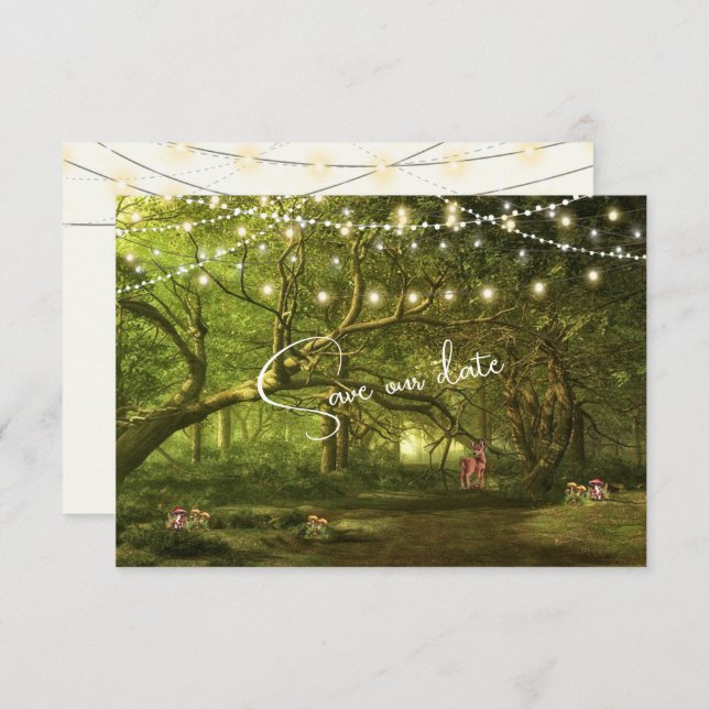 Enchanted Forest Wedding Lights Mushrooms Fawn   Save The Date (Front/Back)