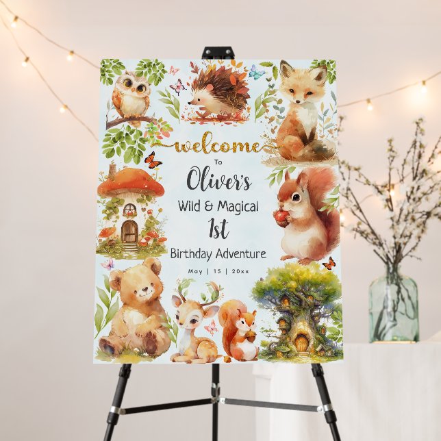 Enchanted Forest Wild One Boy Birthday Invitation Foam Board (In Situ (Stand))