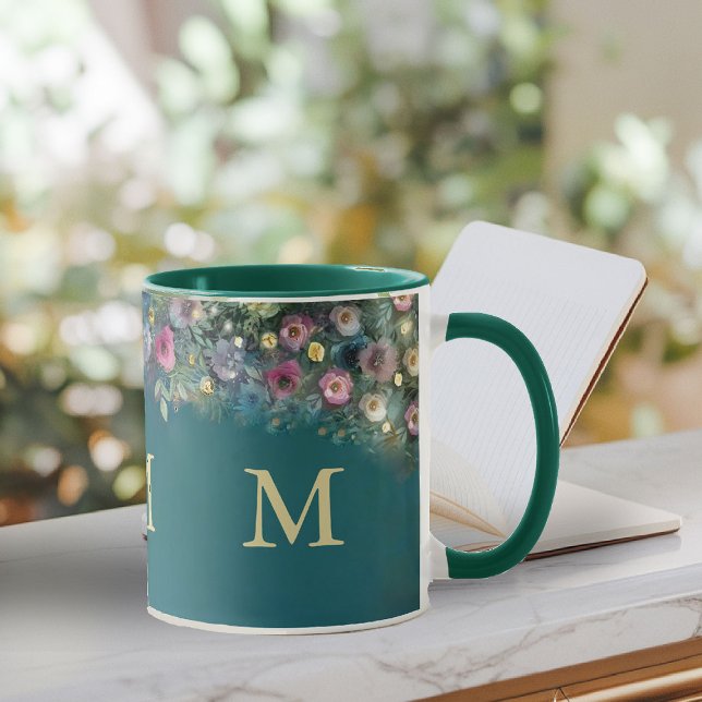 Enchanted Forest Wild Rose Greenery Fairy Woodland Mug (enchanted forest mug monogram wild roses wildflower floral emerald gold woodland fairy greenery)