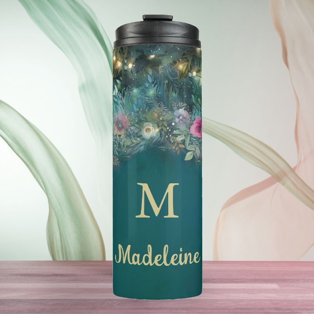 Enchanted Forest Wild Rose Greenery Fairy Woodland Thermal Tumbler (enchanted forest water bottle monogram calligraphy wild roses floral emerald gold woodland fairy)