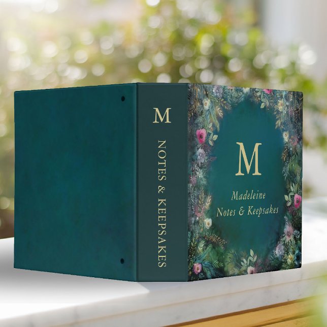Enchanted Forest Wild Roses Fairy Woodland Initial 3 Ring Binder (enchanted forest personalized binder wild roses wildflower floral emerald gold woodland fairy woods)