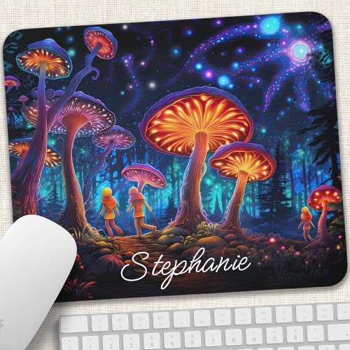 Enchanted Forest with Glowing Mushrooms Mouse Pad