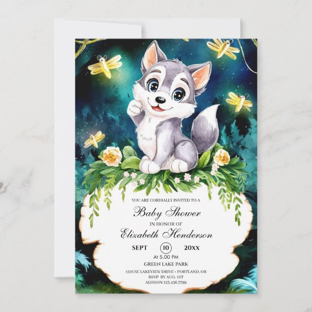 Enchanted Forest Wolf Baby Shower Invitation (Front)