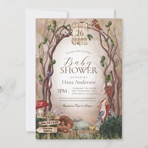 Enchanted Forest Woodland Animals Baby Shower Invitation