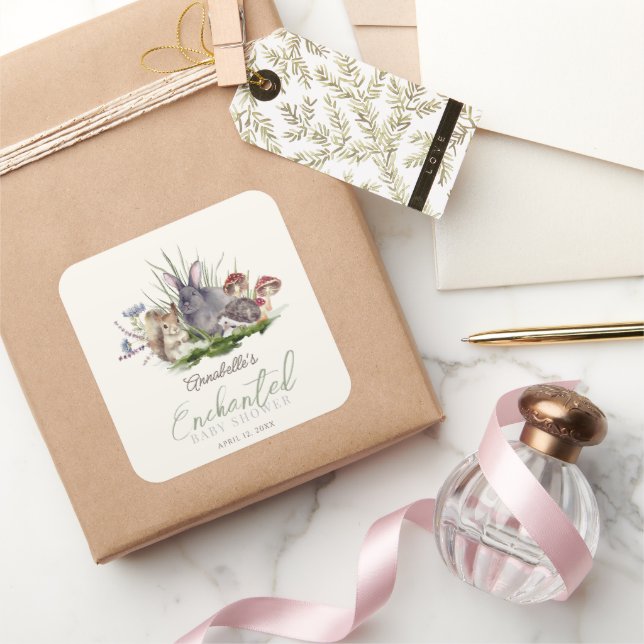 Enchanted Forest Woodland Animals Baby Shower Square Sticker (Gifting)