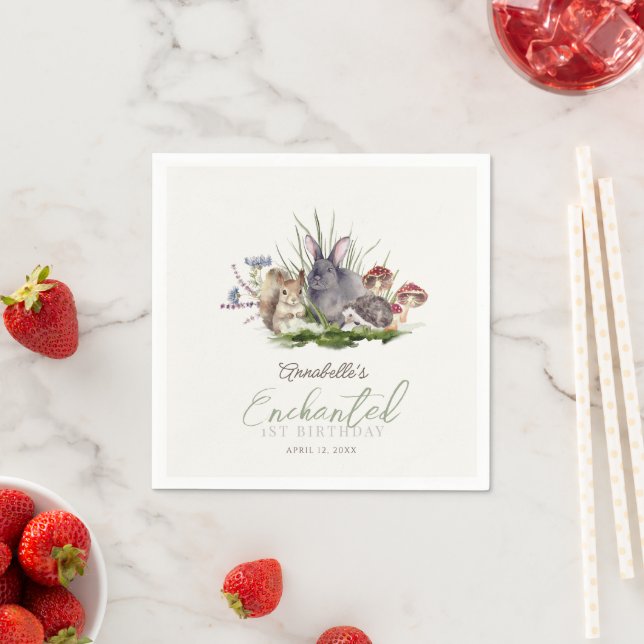 Enchanted Forest Woodland Animals Birthday Cream Napkins (Insitu)