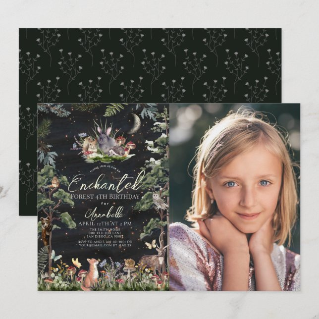 Enchanted Forest Woodland Animals Birthday Photo Invitation (Front/Back)